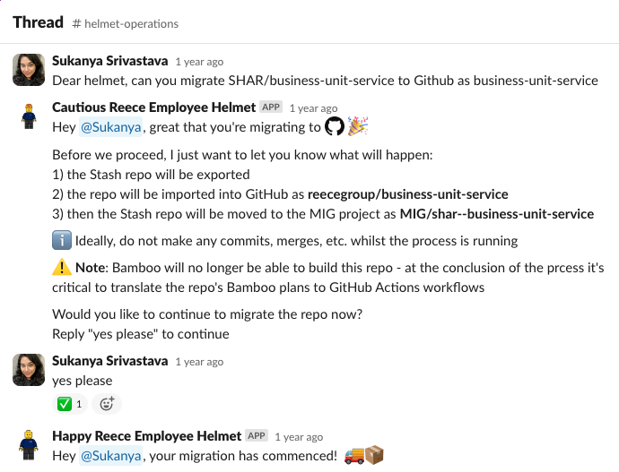 A screenshot of the first Slack thread to migrate a repository to GitHub