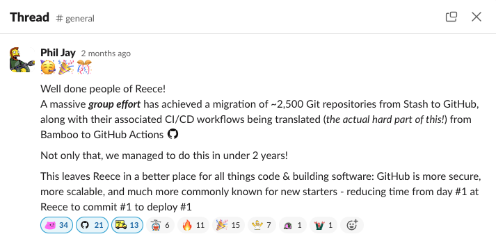 A screenshot of a Slack message celebrating the conclusion of the GitHub migration